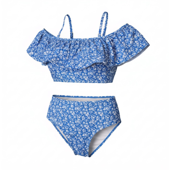 Tahari 2 piece Set Swimsuit Bathing Suit Off Shoulder LARGE Blue White Floral - Picture 3 of 16